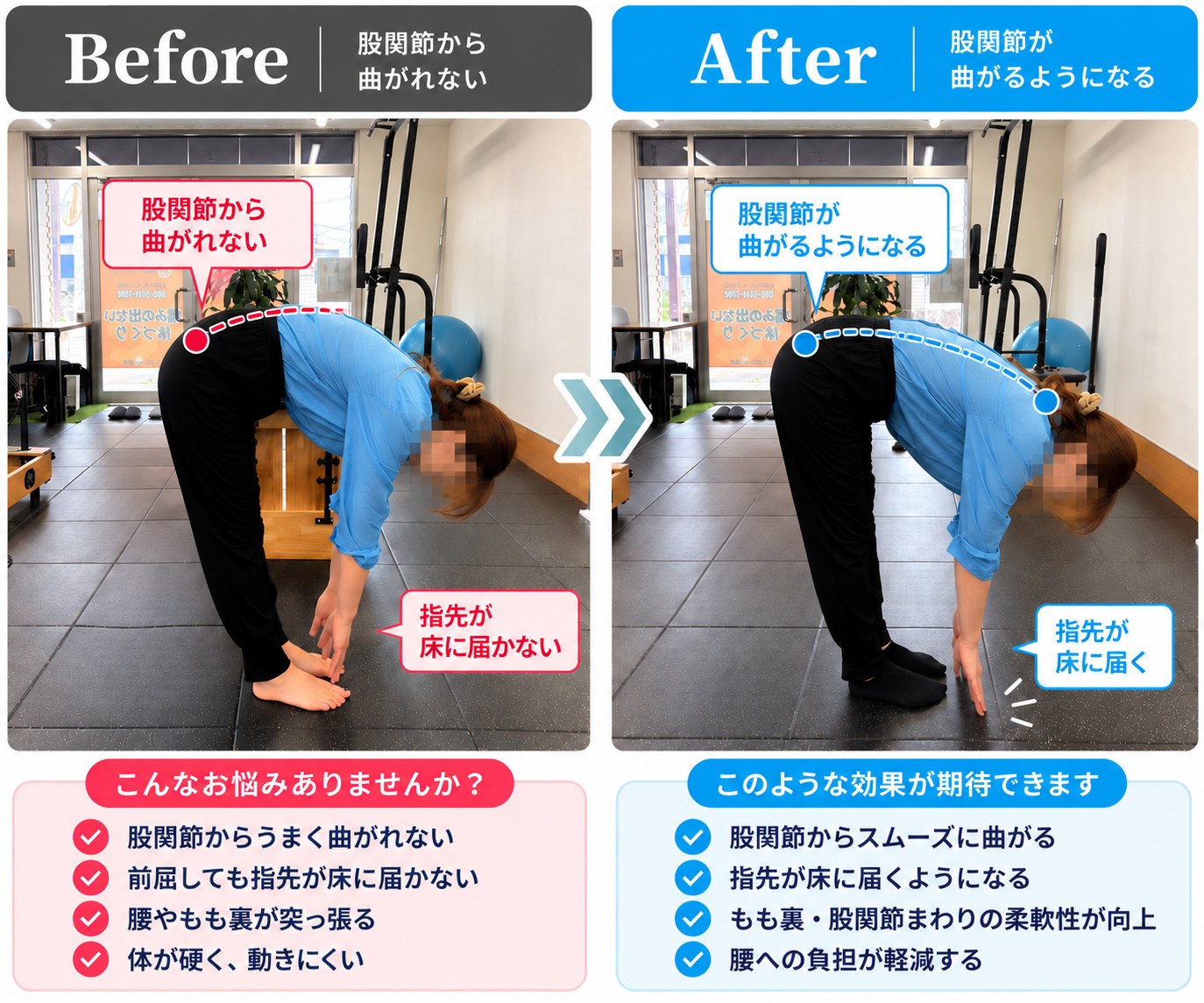 ビフォーアフター：股関節から曲がれなかった方が、股関節から曲がるようになり指先が床に届くようになった変化